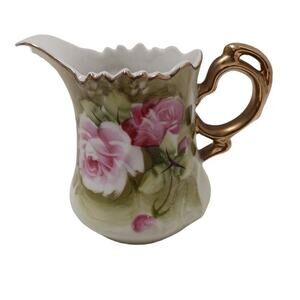 Lefton Rose China Hand Painted Green Porcelain Creamer 24k Gold Gilded 3066 Vtg